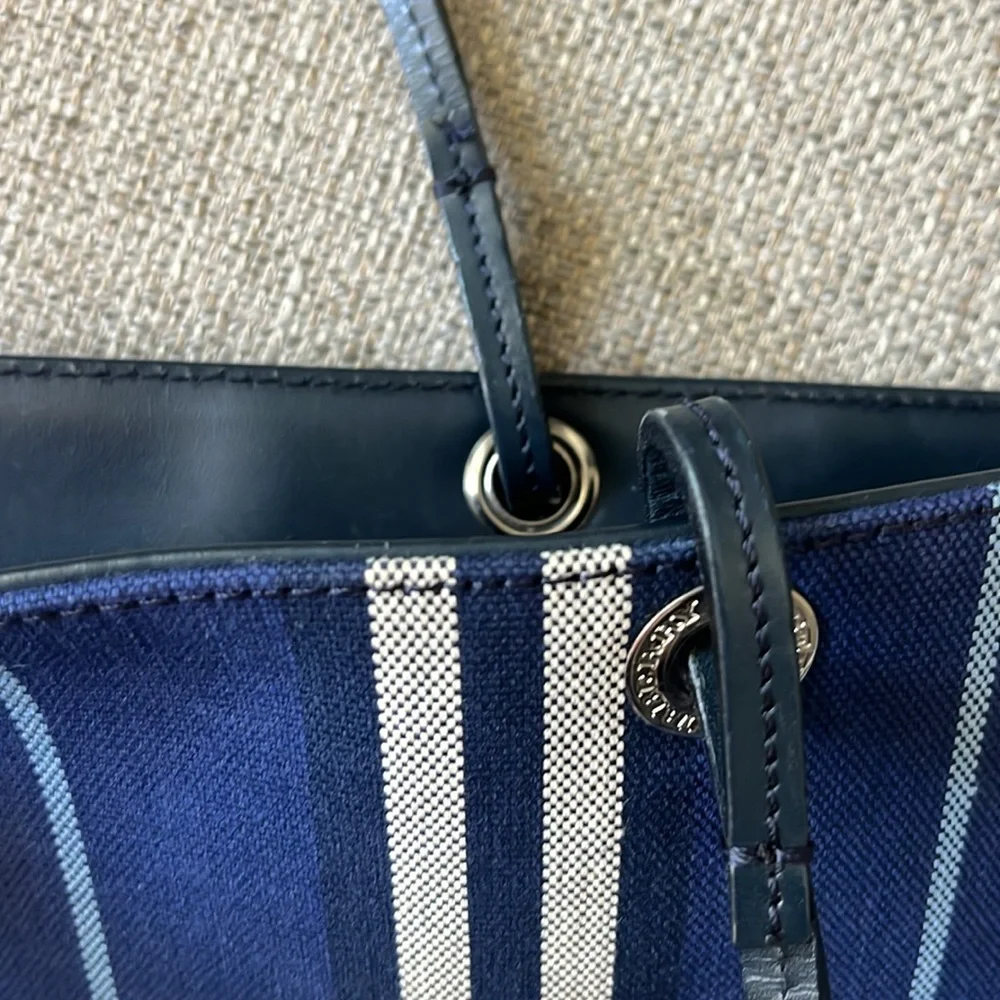 Burberry Navy Blue Striped Tote with Black Leather Pocket - Picture 11 of 12